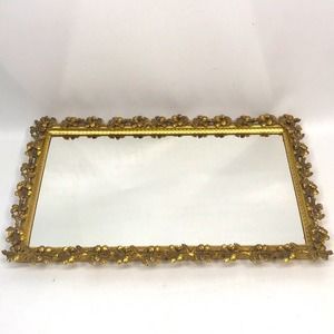 Vintage Ornate Mirror Tray Metal Floral Border
